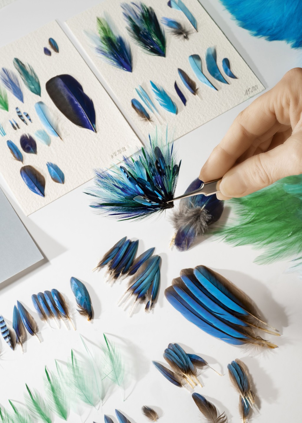 运用不同形状、大小及颜色的羽毛，拼凑出跟黑蛋白石相衬的钻石羽毛缀饰。